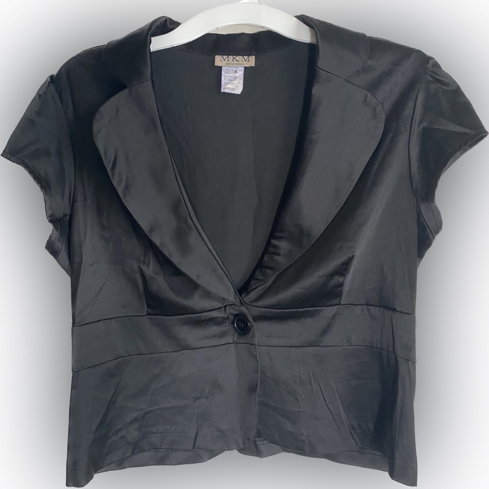 Vintage Y2K MKM Designs black satin bolo blazer single button cap sleeve size L